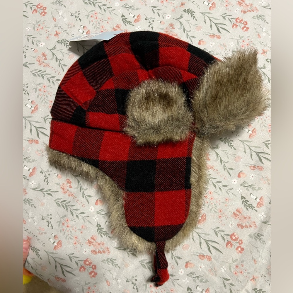 Cat & Jack Red and Black Plaid Kids Hat with Faux Fur - Picture 4 of 4